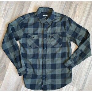 RSQ Men’s Flannel Buffalo Check Button Up Shirt Sz SMALL Black Army Green Preppy